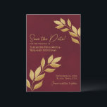 Wistful Leaves Elegant Burgundy and Gold Wedding Save The Date<br><div class="desc">These elegant wedding save the date cards feature a rustic yet modern design with sprigs of golden watercolor leaves entering from both sides of the card on a marbled burgundy background. The typography is unique and elegant with both left and right justified text. Simple and stylish, these cards are the...</div>