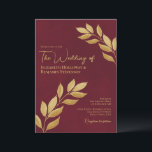 Wistful Leaves Elegant Burgundy & Gold Wedding Einladung<br><div class="desc">These elegant wedding invitations feature a rustic yet modern design with sprigs of hand painted gold watercolor leaves entering from both sides of the card on a marbled burgundy background. The typography is unique and elegant with both left and right justified text. Simple and stylish, these invites are a wonderful...</div>