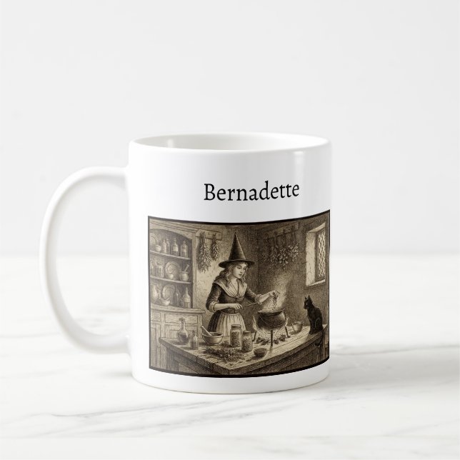 Witch and Black Cat making potion Custom Name Kaffeetasse (Links)