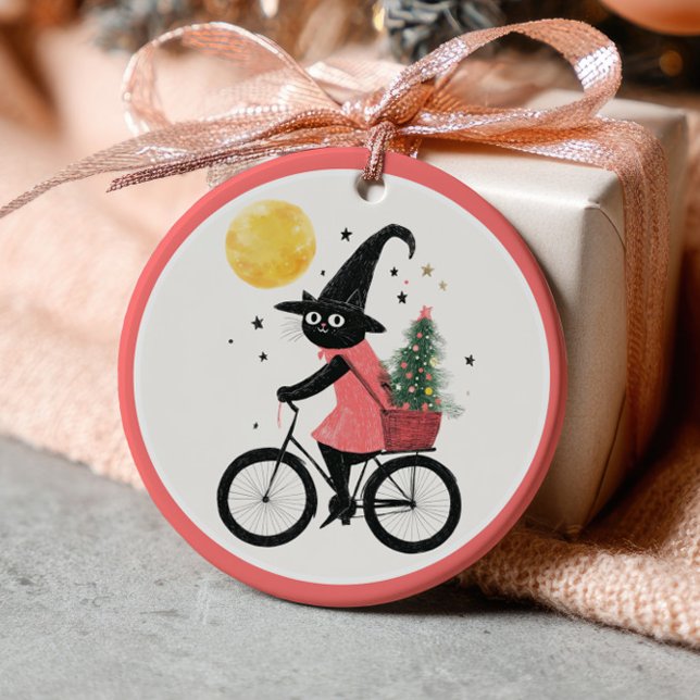 Witch Black Cat Cycling Xmas Tree Witchy Christmas Keramik Ornament (Von Creator hochgeladen)