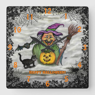 Witch , Cat , Bat and Pumpkin , Happy Halloween ! Quadratische Wanduhr