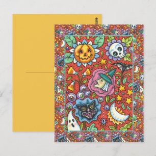 WITCH, CAT, GHOST, FARBIGE HALLOWEEN FOLKGARTEN POSTKARTE