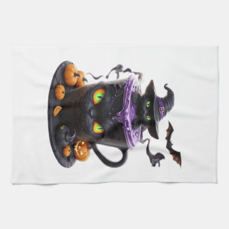 Witch Cat Halloween Latte  Creepy Cute Coffee with Geschirrtuch