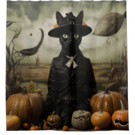 Witch Cat with Pumpkins  Duschvorhang