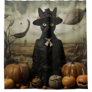 Witch Cat with Pumpkins Duschvorhang