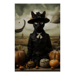 Witch Cat with Pumpkins Poster