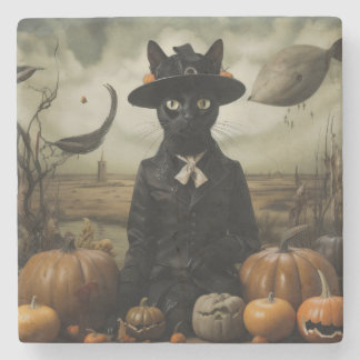Witch Cat with Pumpkins  Steinuntersetzer