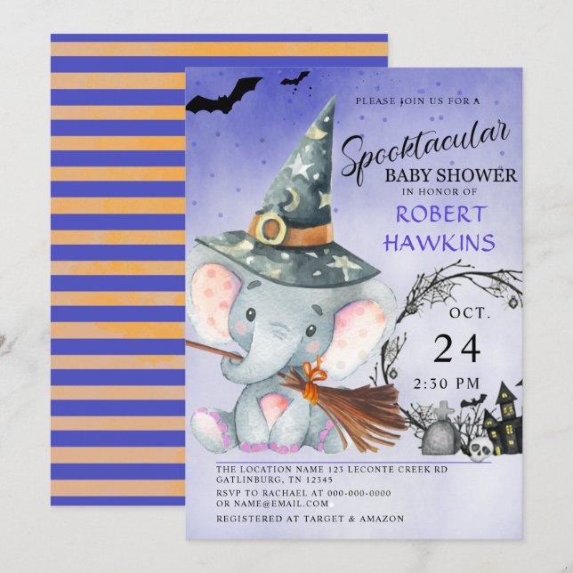 Witch Elephant Halloween Baby shower Invitation (Devant / Derrière)