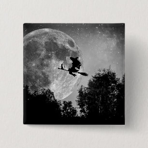 Witch flying on the broom with cat her button