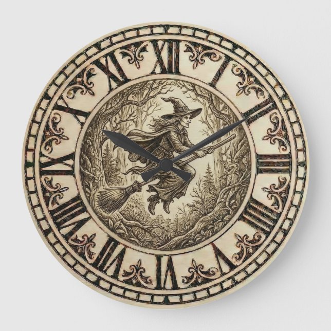 Witch Forest Wall Clock | Wood-Burned Style Große Wanduhr (Vorderseite)
