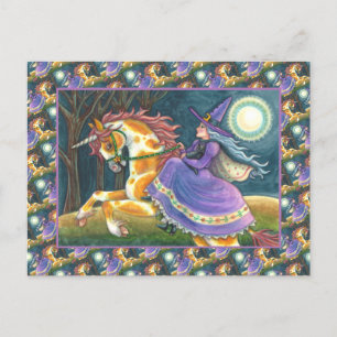 WITCH & HALLOWEEN UNICORN, BLACK CAT Fantasy Horst Feiertagspostkarte