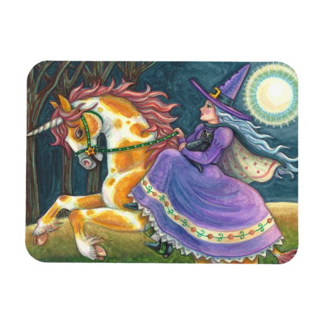 WITCH & HALLOWEEN UNICORN, BLACK CAT Fantasy Horst Magnet (Horizontal)
