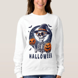 Witch Hat Skeleton with Twin Pumpkins Sweatshirt