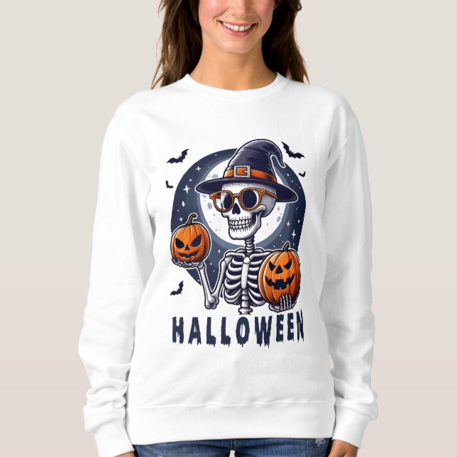 Witch Hat Skeleton with Twin Pumpkins Sweatshirt (Vorderseite)