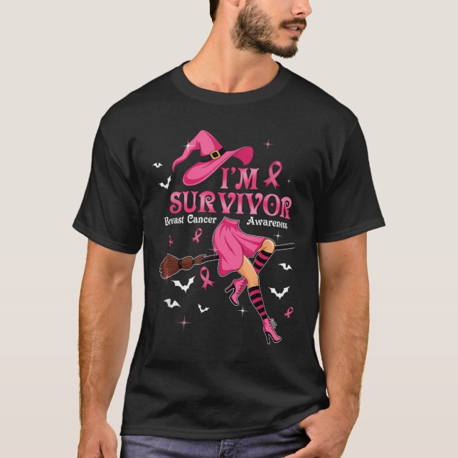 Witch Im A Survivor Halloween Breast Cancer Awaren T-Shirt (Vorderseite)