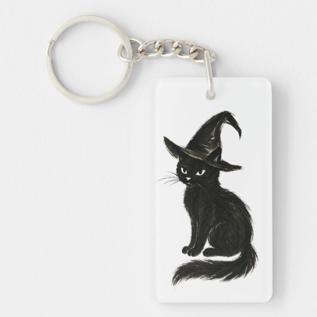 Witch’s Cat – Black Ink Halloween Illustration on  Schlüsselanhänger (Vorderseite)