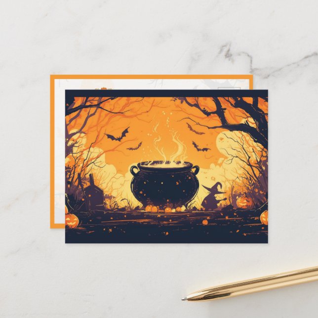 Witch’s Cauldron in the Pumpkin Field Postkarte (Vorderseite/Rückseite Beispiel)