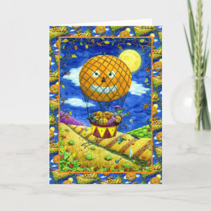 WITCH, SCHWARZE KATZE IN HOT AIR BALLOON FOLK ART FEIERTAGSKARTE