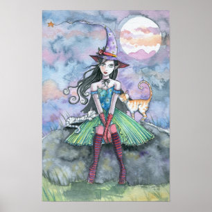 Witch Tabby Cats Moon Art Imprimer Poster