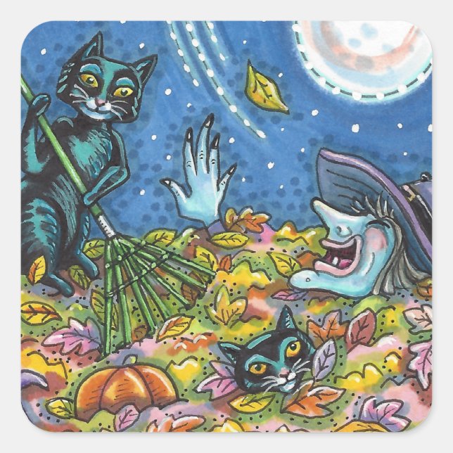 WITCH UND SCHWARZE KATZEN RAKING-BLÄTTER, FUNNY HA QUADRATISCHER AUFKLEBER (Vorderseite)