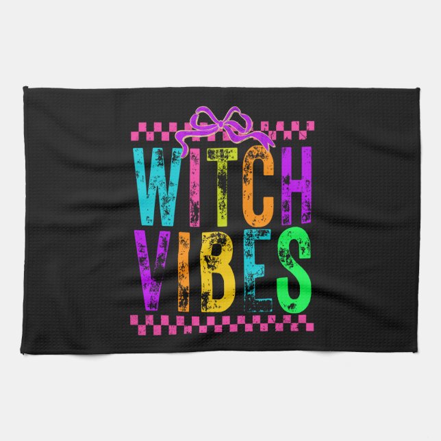 Witch Vibes Halloween Neon Checkered Bow Geschirrtuch (Horizontal)
