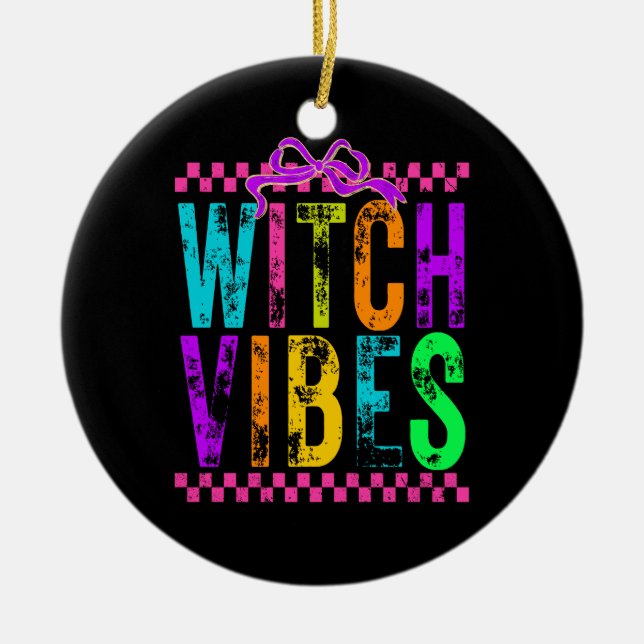 Witch Vibes Halloween Neon Checkered Bow Keramik Ornament (Vorne)