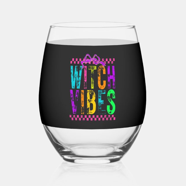 Witch Vibes Halloween Neon Checkered Bow Weinglas Ohne Stiel (Vorderseite)