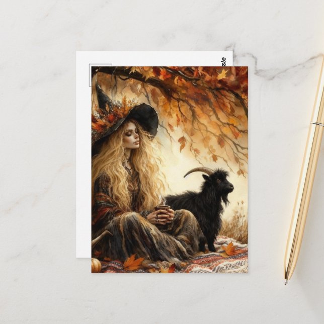 Witch With Coffee and Her Pet Goat in Autumn Postkarte (Vorderseite/Rückseite Beispiel)