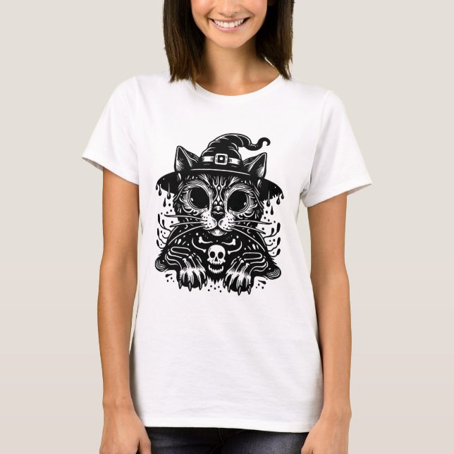 Witchy Cat Creepy Halloween T-Shirt (Vorderseite)