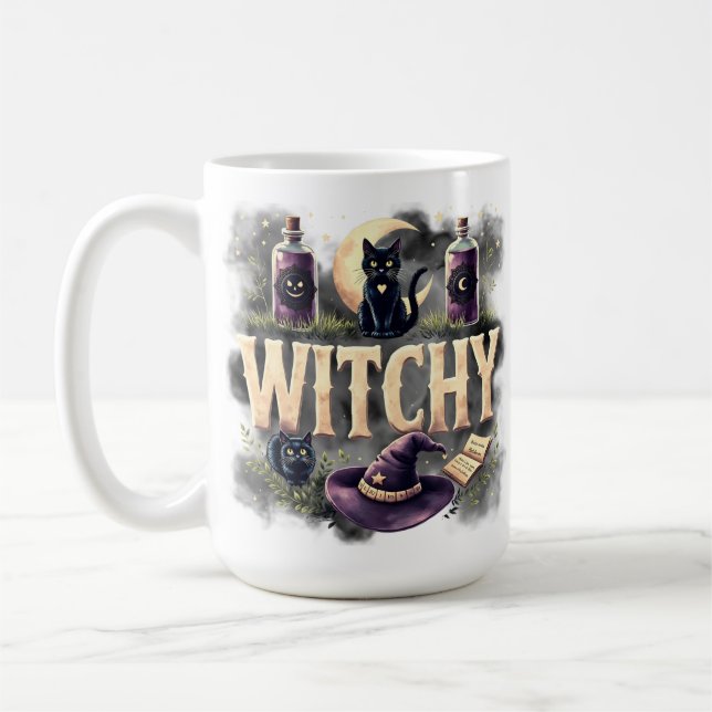 Witchy Cat Halloween Women's Dark Gothic Tshirt Kaffeetasse (Links)