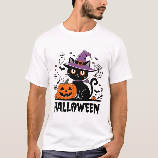 Witchy Cat mit Pumpkins - Halloween Spaß T-Shirt (Vorderseite)