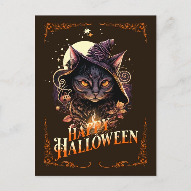 Witchy Cat wünscht Halloween Postcard Postkarte (Vorderseite)