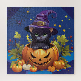 Witchy Kitty in Pumpkin Square Jigsaw Puzzle