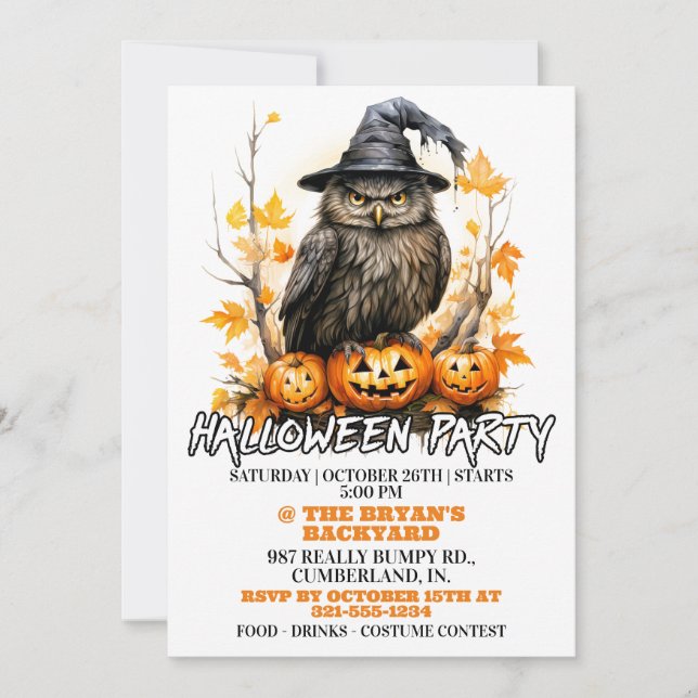 Witchy Owl Happy Halloween Party Invitations (Devant)