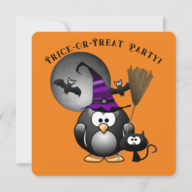 Witchy Penguin mit Halloween-Szene Einladung (Vorderseite)