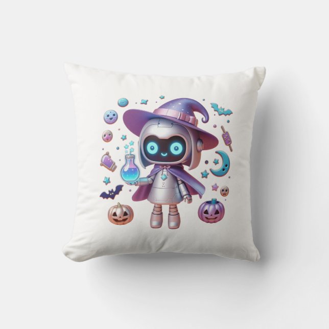 Witchy Robot Halloween Kawaii Sci-Fi Wohngestaltun Kissen (Vorderseite)