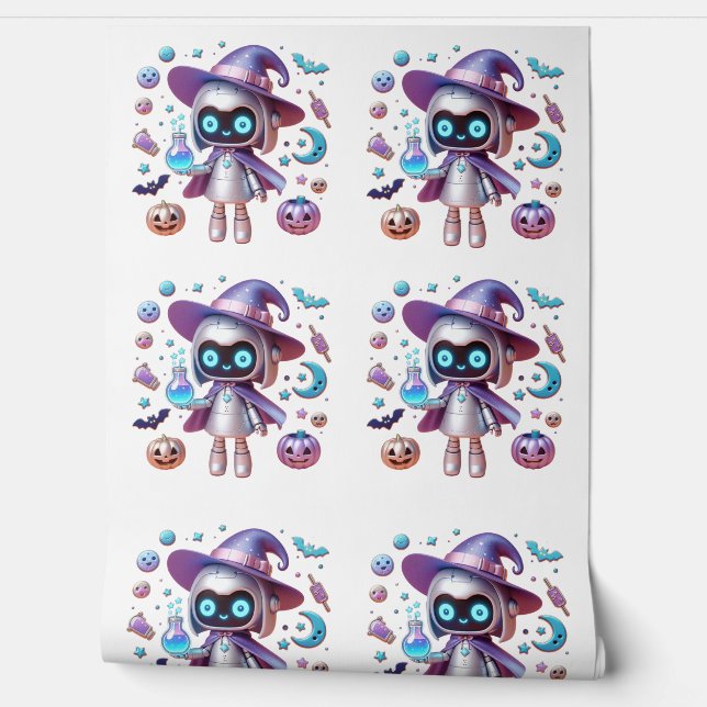 Witchy Robot Halloween Kawaii Tech Wizard Tapete (Abrollen)