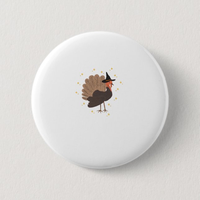 Witchy turkey with hat and sparkling stars illustr button (Vorderseite)