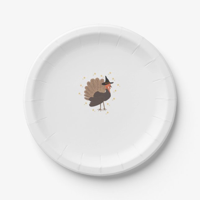 Witchy turkey with hat and sparkling stars illustr pappteller (Vorderseite)