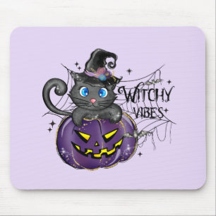 Witchy Vibes - Schwarze Katze auf Lila Jack-O-Lant Mousepad
