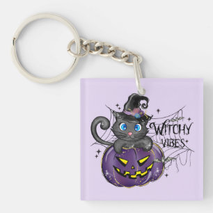 Witchy Vibes - Schwarze Katze auf Lila Jack-O-Lant Schlüsselanhänger