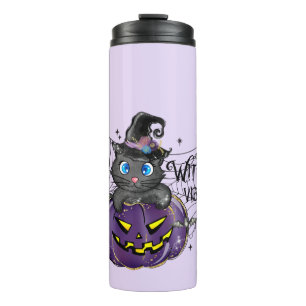 Witchy Vibes - Schwarze Katze auf Lila Jack-O-Lant Thermosbecher