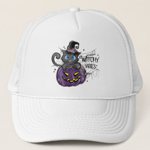 Witchy Vibes - Schwarze Katze auf Lila Jack-O-Lant Truckerkappe