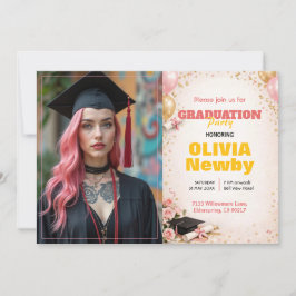 🎓With QR code Horizontal Pink & Gold Floral Einladung