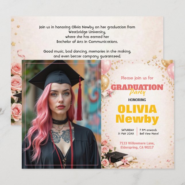 🎓With QR code Horizontal Pink & Gold Floral Einladung (Vorne/Hinten)