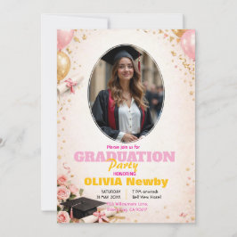 🎓With QR code Pink & Balloon Glow Graduation Einladung
