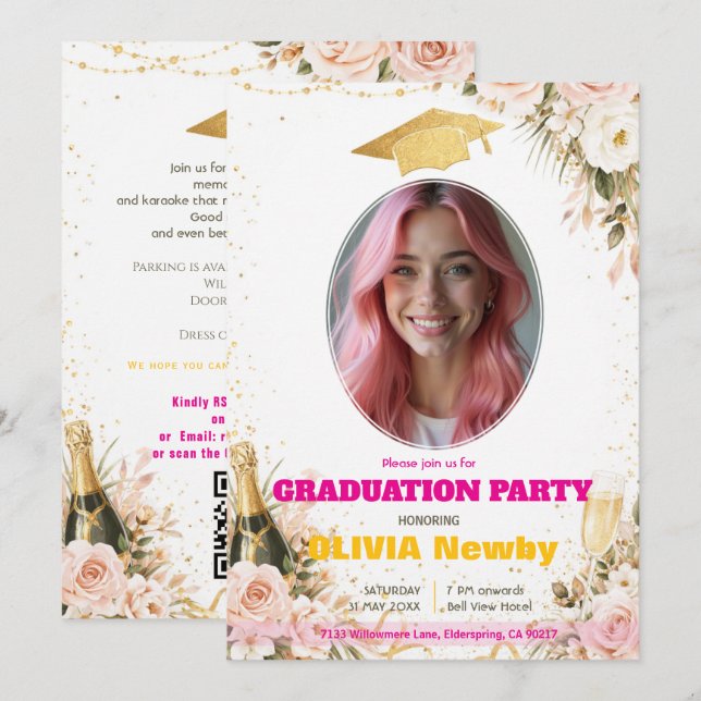 🎓With QR code Pink & Floral Celebration Grad Einladung (Vorne/Hinten)