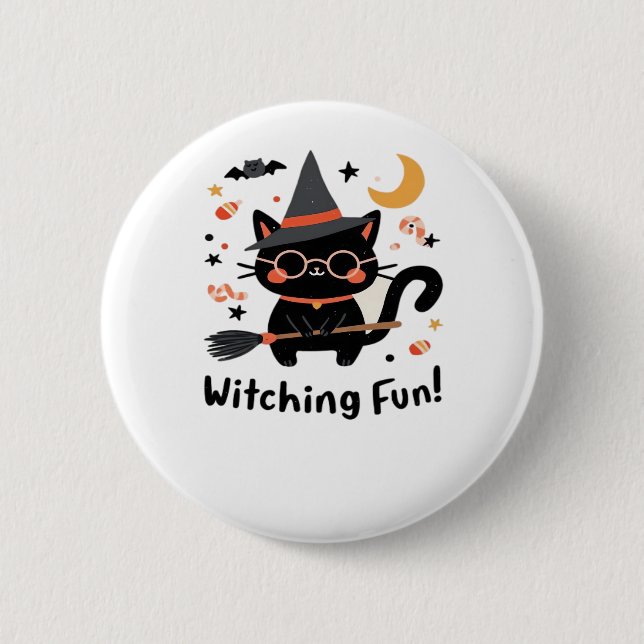 Wittling Black Cat mit Broom - Niedliches Hallowee Button (Vorderseite)