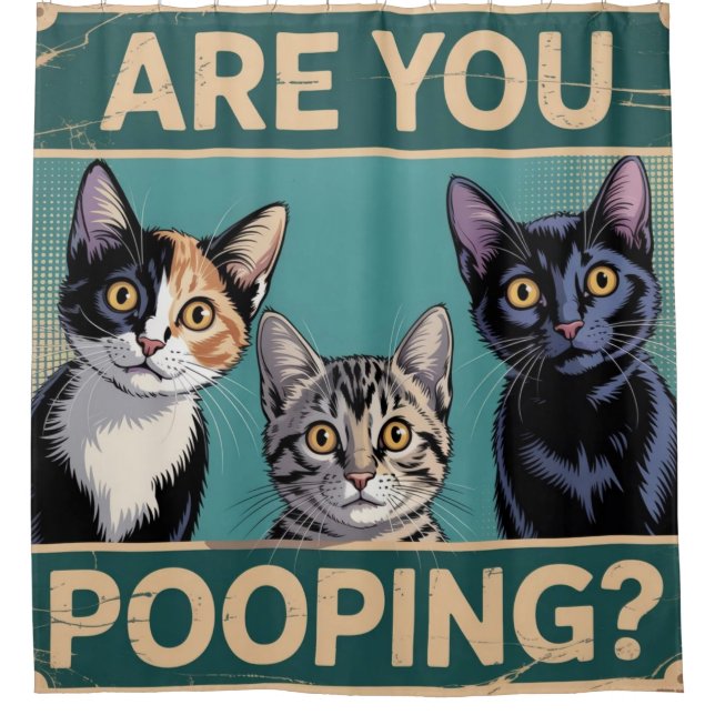 Witzig: "Kacke du?" Calico, Tabby & Black Cat Duschvorhang (Vorderseite)