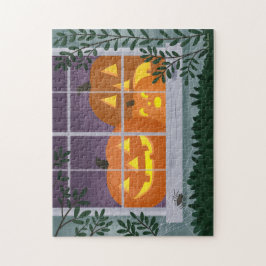 Witzige Halloween-Jack-o'-Laternen im Fenster